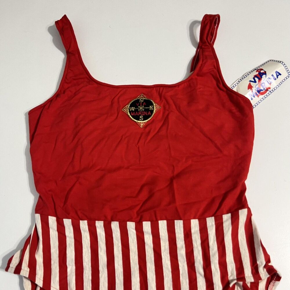 Vintage Via Marina Swimsuit Womens 16 Red Striped Nautical One Piece USA Cotton - Picture 7 of 16